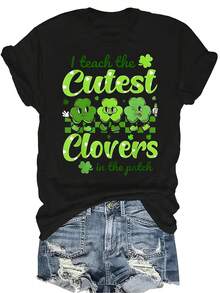 Camiseta de maestro del Día de San Patricio "Tréboles talla grande lindos" para mujer y unisex, de verano, casual, transpirable, de personalidad, de cuello redondo, de manga corta, ropa de calle, versátil, adecuada para adolescentes y adultos - Negro - Ver 1
