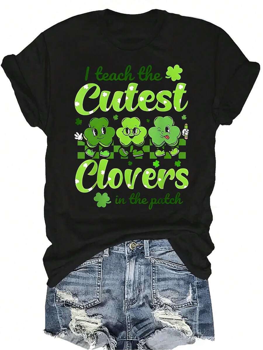 Camiseta de maestro del Día de San Patricio "Tréboles talla grande lindos" para mujer y unisex, de verano, casual, transpirable, de personalidad, de cuello redondo, de manga corta, ropa de calle, versátil, adecuada para adolescentes y adultos - Negro - Ver 1