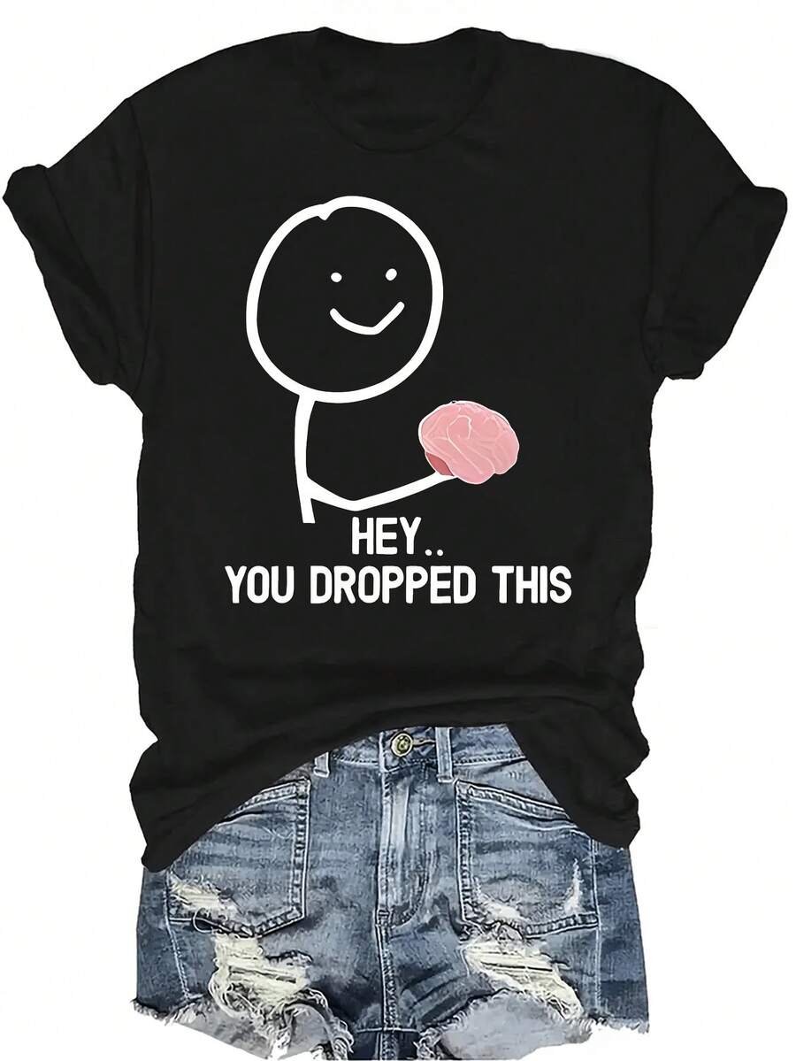 Camiseta con patrones interesantes para mujer y unisex, de verano, casual, transpirable, con cuello redondo, manga corta, estilo urbano y versátil, adecuada para adolescentes y adultos - Negro - Ver 1