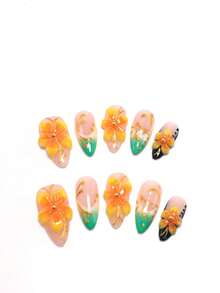 10 Pieces Made By Hand, 2.5 Cm Almond-Shaped Decorative Nails, Beach Essentials, Nail Patch, Press-On Nails, Nails, Supplies, Summer Nails, Press-On Acrylic Nails, Long Nails, French Style, Gradient, Pink Ice Flowers, Blue Butterflies, Golden Butterflies, Stars, Pearls, Blush, Petals, 3D Styling, 3D Embroidery, 3D Three-Dimensional Sculpture Modeling Glue,