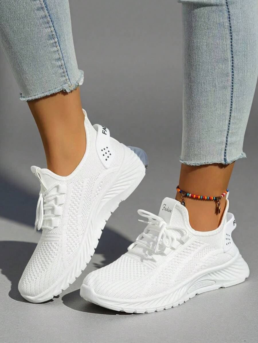 2025 Autumn New Women's Breathable Mesh Thick-Soled Casual Shoes, Unique Atmosphere Style, Lace-Up Design, Color Splicing, Outdoor Shoes, Comfortable And Breathable, Low-Top Design, Increased Version Campus Fashion, Versatile Style Female College Style Women's Thick-Soled Sports Shoes, A Must-Have For Women's Autumn Wear, And Also Very Suitable For Halloween Wear. - 白色 - 查看 1