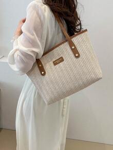 Straw Woven Tote Bag For Women, Fashion Vacation Beach Bag, Large Capacity Versatile Commuter Shoulder Bag - Coffee Brown - View 11