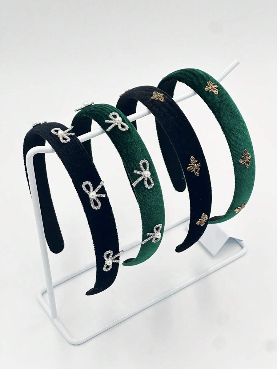 2pc/ Bow-Shaped Bee Rhinestone Women's Hair Accessory Headband, Black And Green Combination, Featuring A Retro Style That Is Versatile And Suitable For Daily, Casual, Date, Party, Home, Face-Washing, Outdoor Activities And More. Hair Band Accessory.