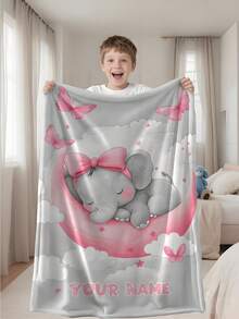 1pc Customizable Text Family Blanket With Cute Elephant Pattern, Commemorative Blanket. Suitable As A Gift For Girls, Boys, Adults, Valentine's Day, Lightweight, Baby Blanket, Personalized Fleece Blanket, Personalized Photo Blanket, Personalized Throw Blanket, Personalized Baby Blanket, Newborn Blanket, Suitable For Mother's Day, Birthday, Children's Day, Father's Day, Graduation Ceremony - Multicolor - View 3