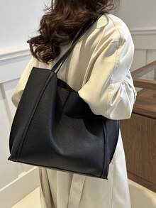 休闲百搭纯色大容量女士手提包 - 黑色 - 查看 6