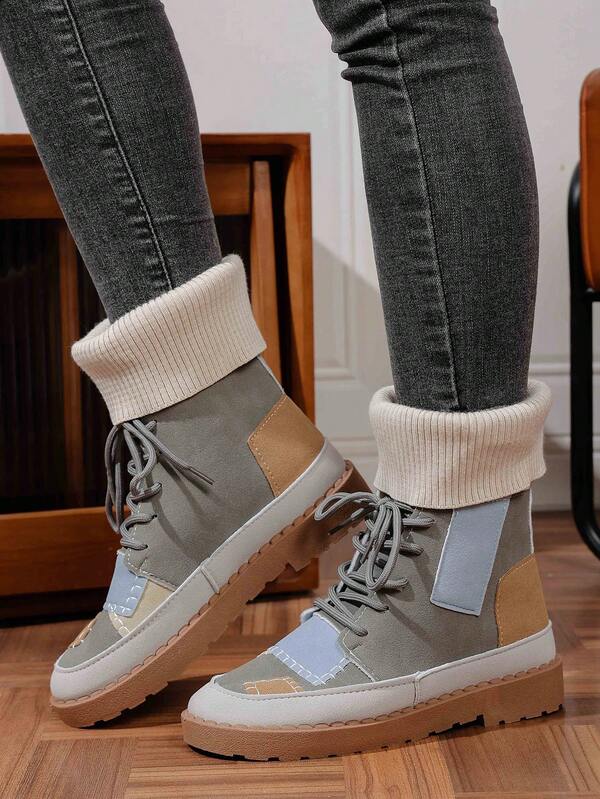 Stylish Beige Boots! Knitted Patchwork Design With Lace-Up, Retro Thick Sole To Elongate Legs, Suitable For Casual Outings And Fashionable Looks, Easily Create A Unique And Stylish Presence To Shine On The Street!