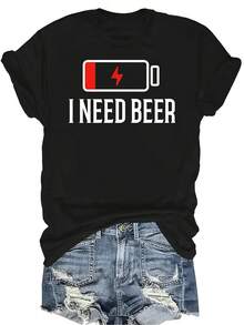 Camiseta "I Need Beer" para mujer y unisex, de verano, casual, transpirable, con personalidad, cuello redondo, manga corta, ropa de calle, versátil, adecuada para adolescentes y adultos - Negro - Ver 1