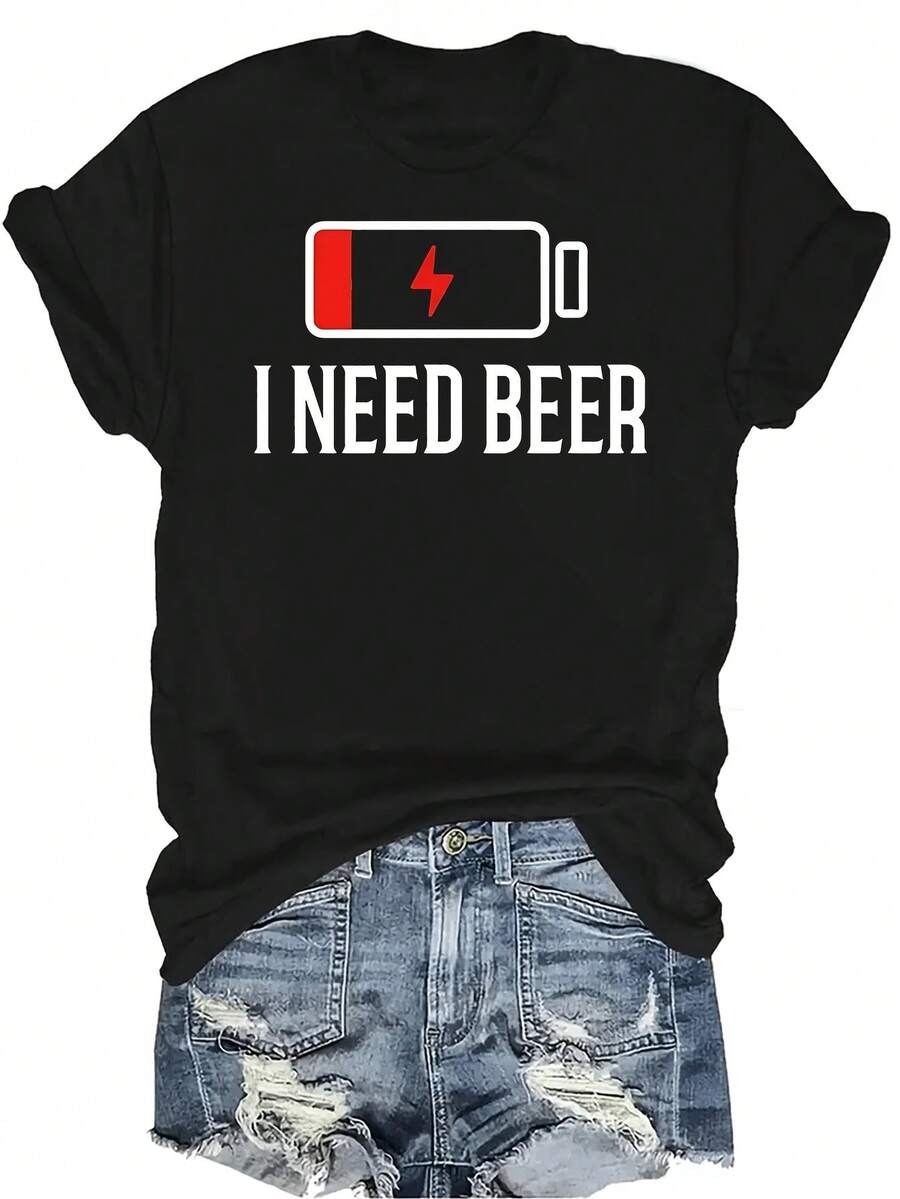 Camiseta "I Need Beer" para mujer y unisex, de verano, casual, transpirable, con personalidad, cuello redondo, manga corta, ropa de calle, versátil, adecuada para adolescentes y adultos - Negro - Ver 1