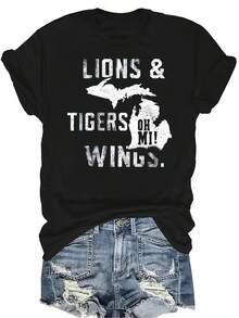 Camiseta con estampado de leones, tigres y alas para mujeres y unisex, de verano, casual, transpirable, con cuello redondo, manga corta, estilo urbano y versátil, adecuada para adolescentes y adultos - Negro - Ver 1