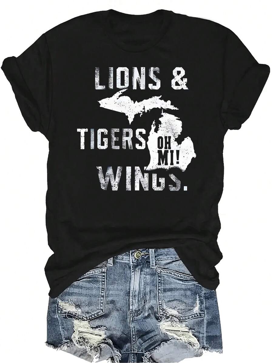 Camiseta con estampado de leones, tigres y alas para mujeres y unisex, de verano, casual, transpirable, con cuello redondo, manga corta, estilo urbano y versátil, adecuada para adolescentes y adultos - Negro - Ver 1