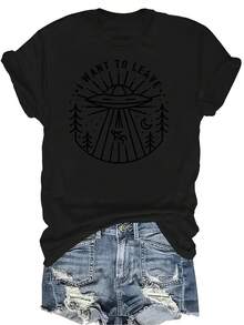 Quiero irme, Camiseta de diseño creativo para mujer y unisex, de verano, casual, transpirable, con personalidad, cuello redondo, manga corta, ropa de calle, versátil, adecuada para adolescentes y adultos - Negro - Ver 1