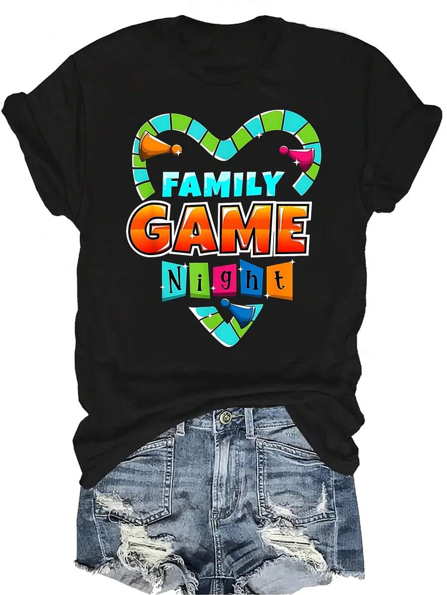 Camiseta de Noche de Juegos Familiares para Mujer Unisex, de Verano, Casual, Transpirable, con Personalidad, Cuello Redondo, Manga Corta, Ropa de Calle Versátil, Adecuada para Adolescentes y Adultos - Negro - Ver 1