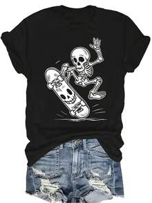 Camiseta de skateboard con diseño de esqueleto para mujer y unisex, de verano, casual, transpirable y de personalidad, con cuello redondo y manga corta, de uso versátil, adecuada para adolescentes y adultos - Negro - Ver 1