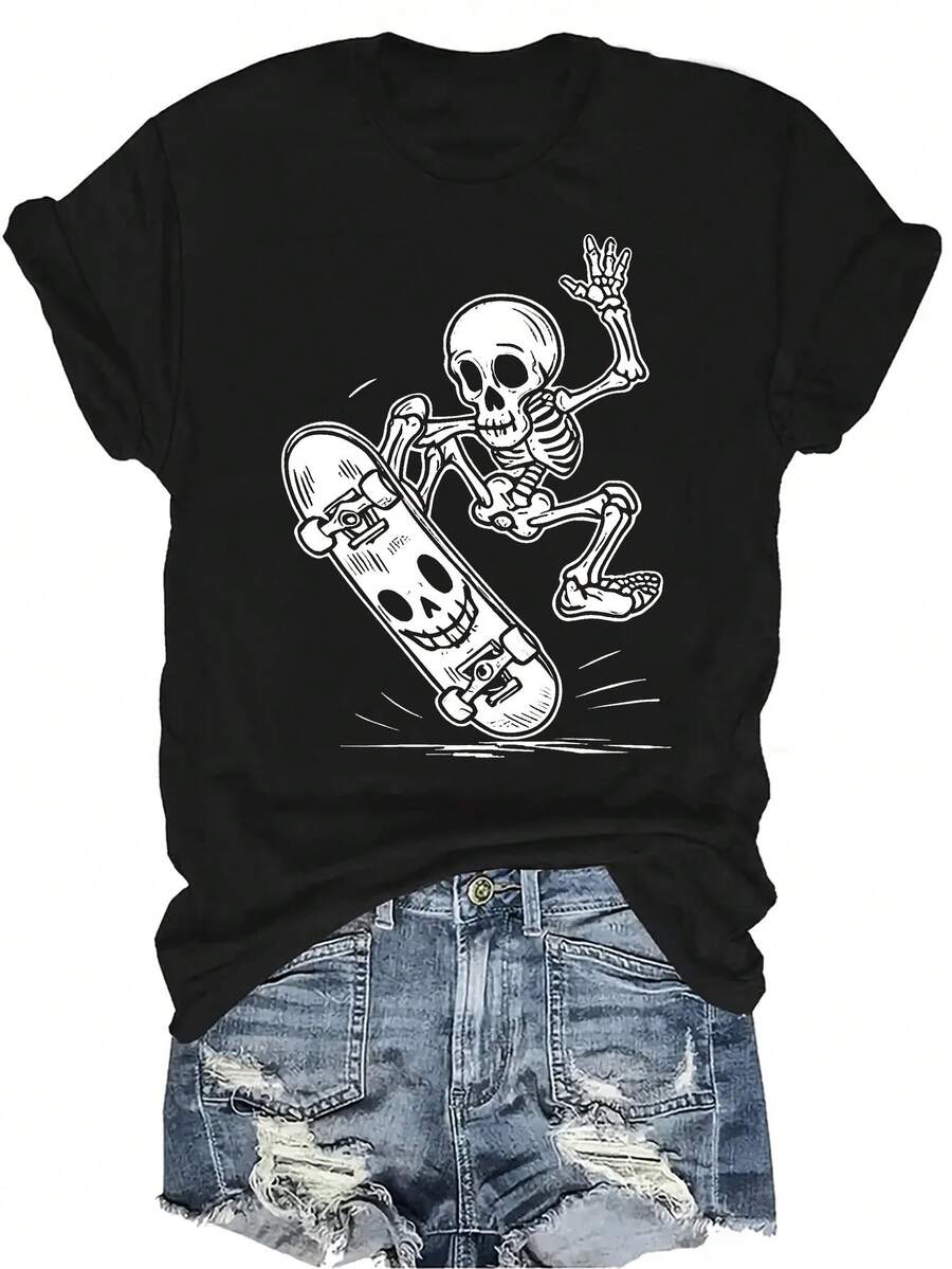 Camiseta de skateboard con diseño de esqueleto para mujer y unisex, de verano, casual, transpirable y de personalidad, con cuello redondo y manga corta, de uso versátil, adecuada para adolescentes y adultos - Negro - Ver 1