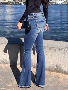 Women's Low-Rise Flared Jeans Stretch Trousers Double-Button Fly Butt-Lifting Pockets Sexy Y2K Retro Style Date Outfit - 深色水洗藍 - 查看 5