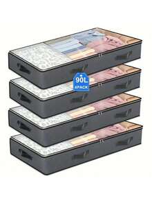 4 件装床下收纳袋，带观察窗和加固手柄 - 可折叠，大容量收纳袋，适用于毛毯和床上用品，时尚灰色和经典黑色，礼品连衣裙裤子鞋子牛仔裤靴子裙子卧室，收纳袋，家庭收纳，女式白色 T 恤，女式黑色裤子，女士冬装，连衣裙，