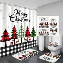 1 pieza/4 piezas Juego de cortina de ducha multifuncional con árbol de Navidad feliz y renos, incluye 12 ganchos gratis, crea un ambiente festivo, alfombra de baño, alfombra en forma de U y alfombra redonda para el inodoro, adecuado para todas las escenas navideñas del baño