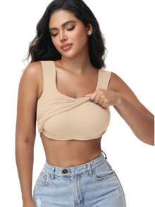 Women's Built-In Bra Tank Top Ribbed Slim Fit Wirefree Shelf Padded Tank Shirts Wide-Strap Square Neck Undershirt - Khaki - View 2
