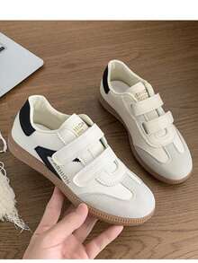 女士新款时尚休闲运动鞋，PU 拼接魔术贴运动鞋低帮系带平底跑步鞋 - 米色 - 查看 5