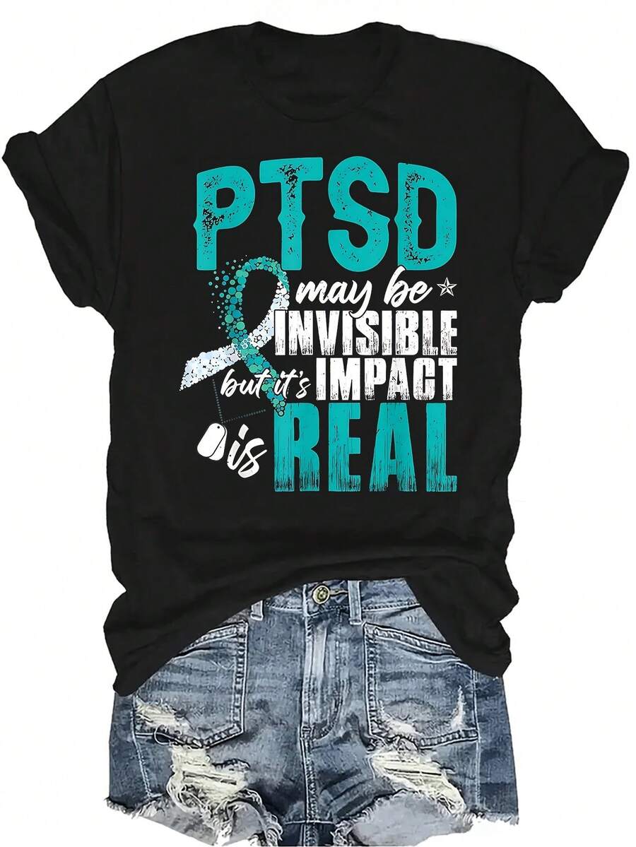 Camiseta para el Mes de Concientización sobre el TEPT, para mujeres y unisex, de verano, casual, transpirable, con personalidad, cuello redondo, manga corta, ropa de calle, versátil, adecuada para adolescentes y adultos - Negro - Ver 1