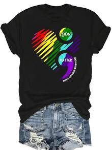 Camiseta de concienciación sobre la salud mental con semicolon, para mujer y unisex, de verano, casual, transpirable, de personalidad, de cuello redondo, de manga corta, de uso versátil, adecuada para adolescentes y adultos - Negro - Ver 1