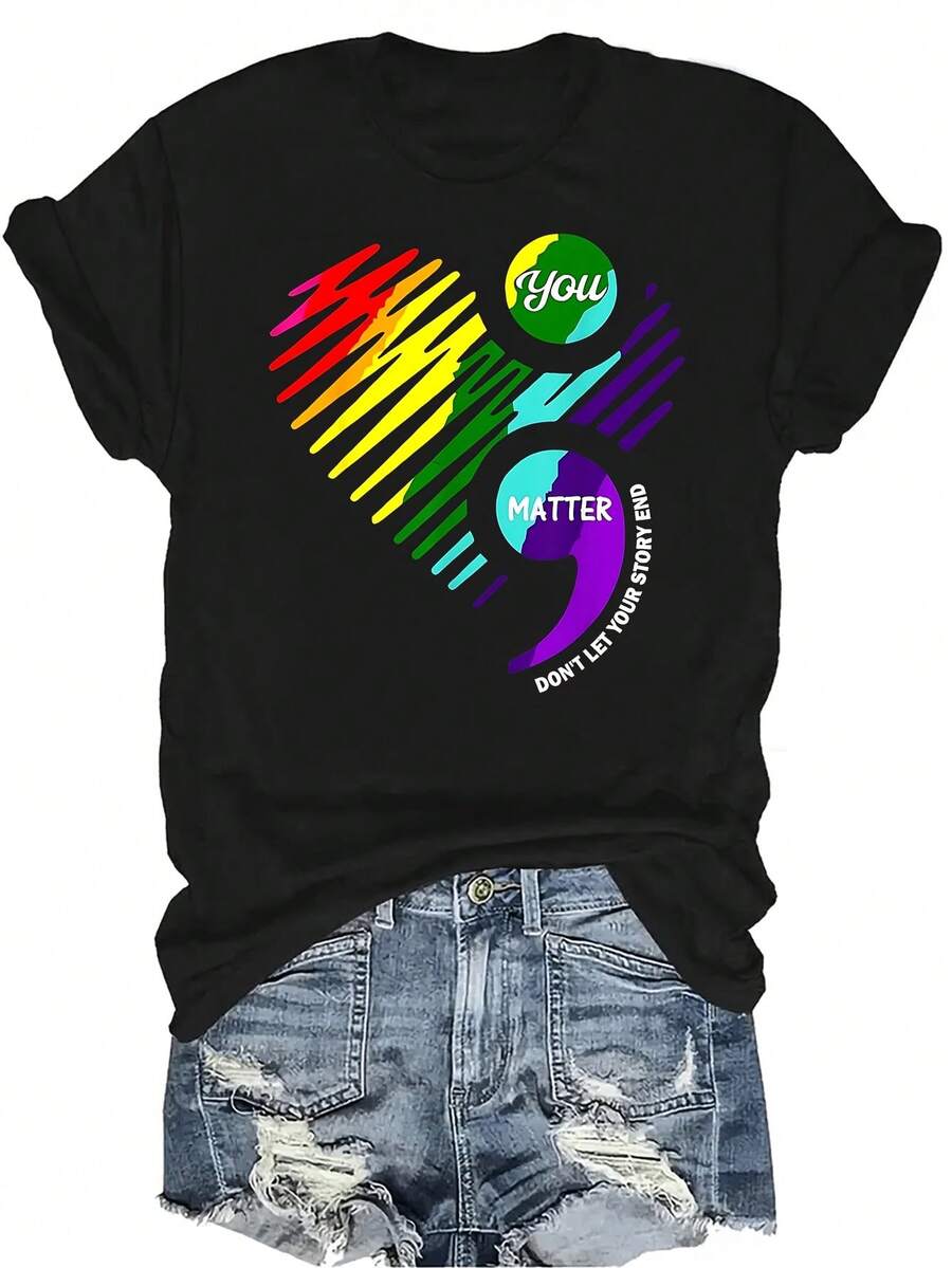Camiseta de concienciación sobre la salud mental con semicolon, para mujer y unisex, de verano, casual, transpirable, de personalidad, de cuello redondo, de manga corta, de uso versátil, adecuada para adolescentes y adultos - Negro - Ver 1
