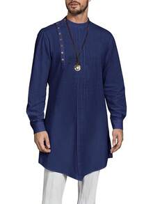 Mens Long Sleeve Robe Gown Casual Cotton Linen Button Muslim Shirt - 海軍 - 查看 1