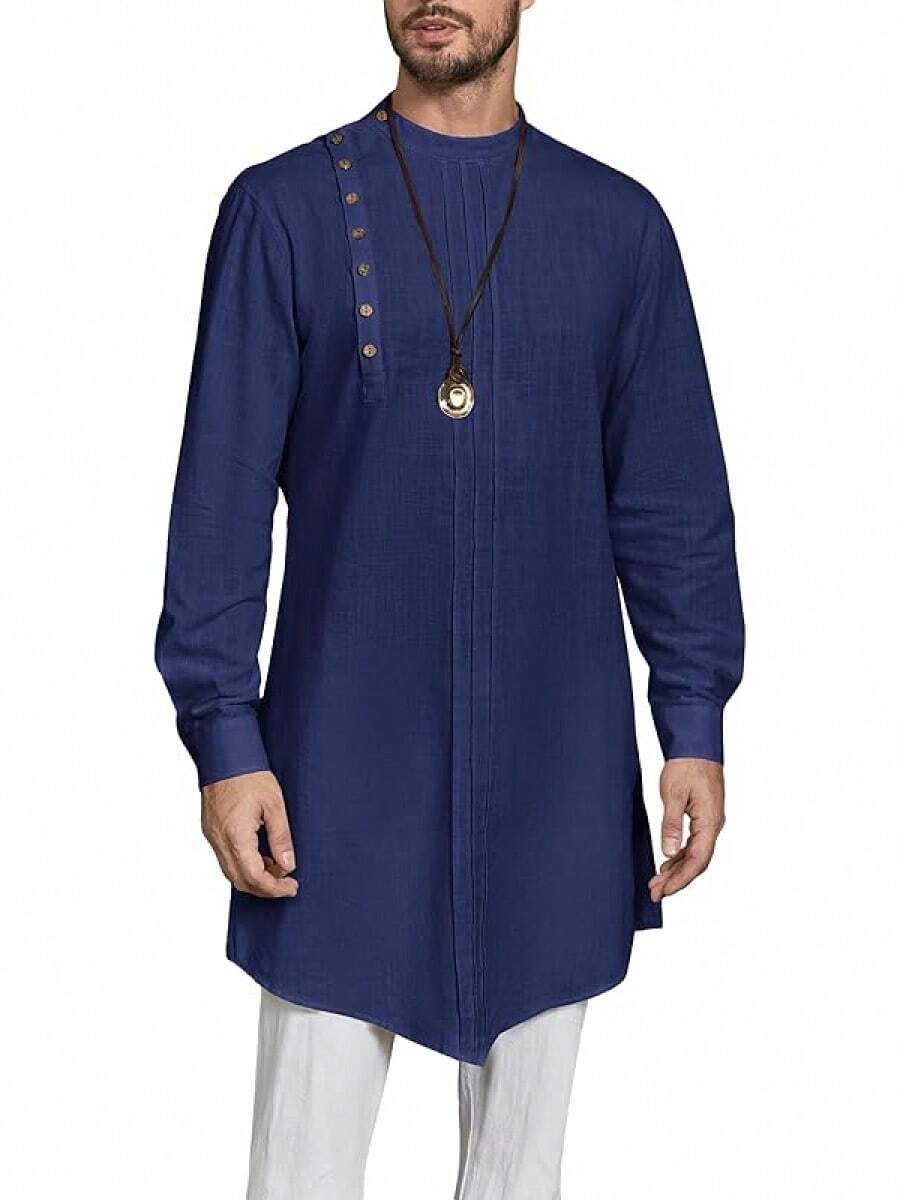 Mens Long Sleeve Robe Gown Casual Cotton Linen Button Muslim Shirt - 海軍 - 查看 1