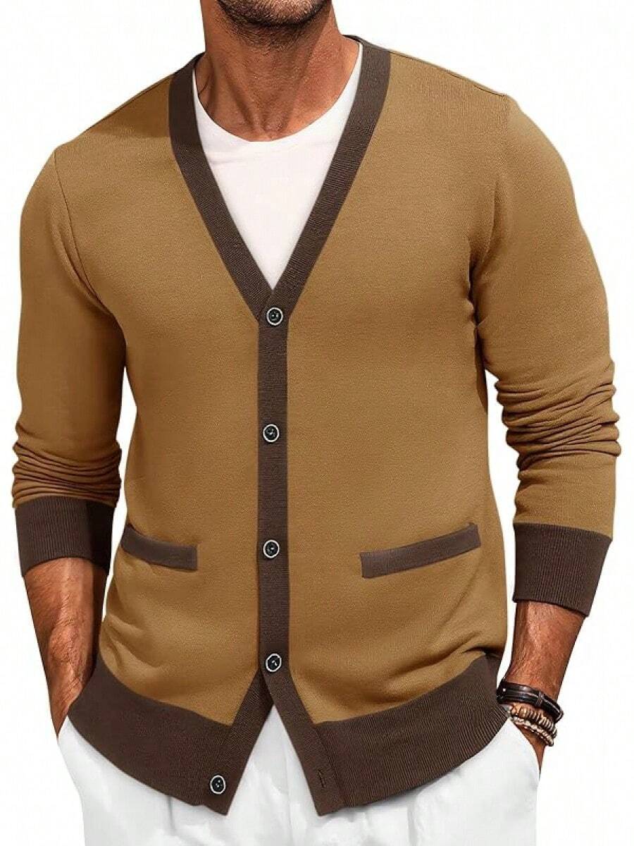 Men's Long Sleeve Button Down Knitted Cardigan Sweater With Pockets, Casual Style - 駝色 - 查看 1