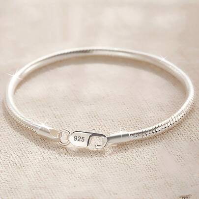 Pulsera de plata de ley 925 con diseño de hueso de serpiente - Estilo sencillo - Plateado en plata - Para mujeres y hombres - Para uso diario y de fiesta - Regalo del Día de San Valentín - Joyería para todas las estaciones - 16-23cm