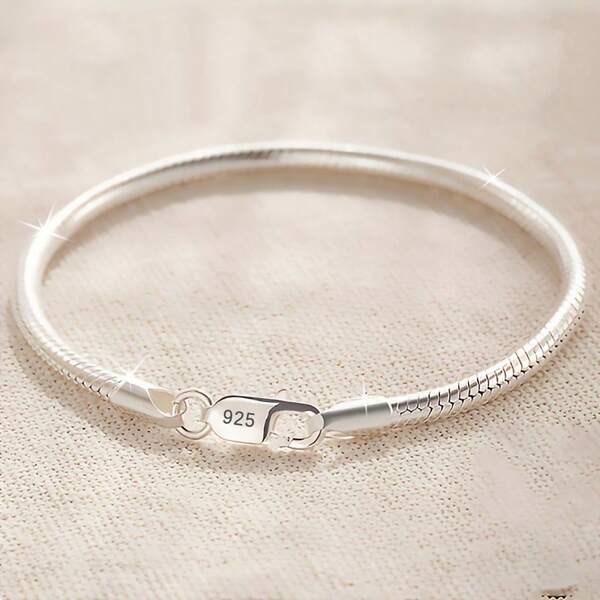 Pulsera de plata de ley 925 con diseño de hueso de serpiente - Estilo sencillo - Plateado en plata - Para mujeres y hombres - Para uso diario y de fiesta - Regalo del Día de San Valentín - Joyería para todas las estaciones - 16-23cm