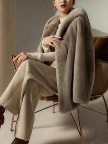 女士宽松休闲纯色蓬松连帽夹克，秋冬 - 灰色 - 查看 3