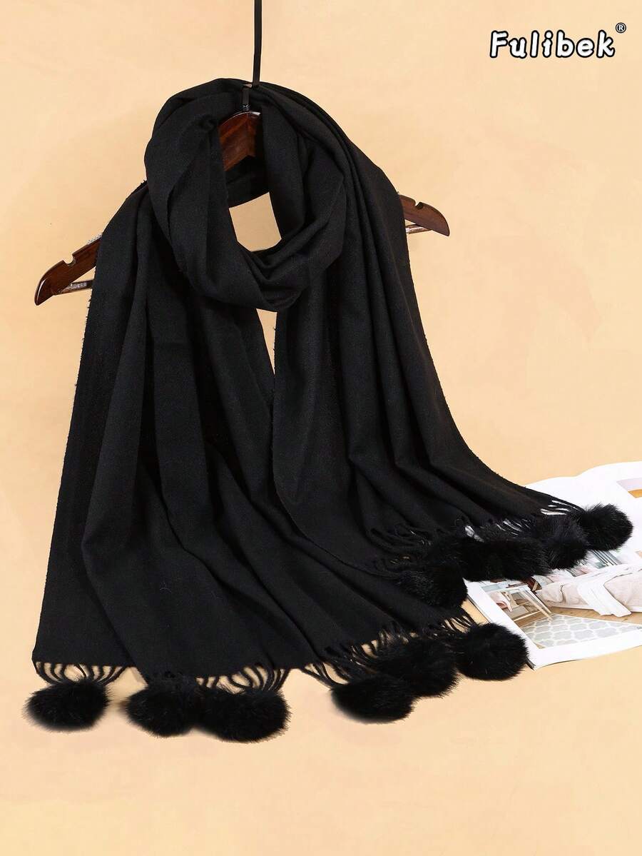 1 قطعة وشاح نسائي جديد للخريف/الشتاء من الكشمير الصناعي الناعم والكثيف ذو لون أحادي مع شرابات سميكة، شرابات طويلة جداً، طراز شارع عصري، ناعم وراحة، مناسب للسفر والاستخدام اليومي