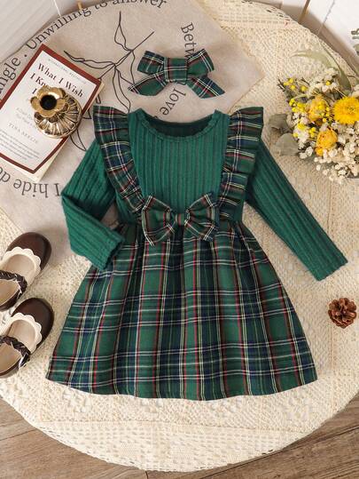 Baby Girls Christmas Ruffle Bow Patchwork Vintage Plaid Long Sleeve Round Neck Dress With Headband