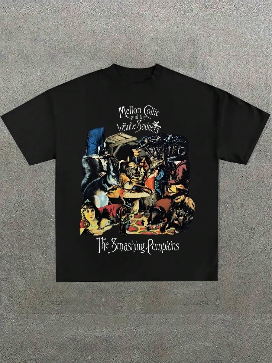 The Smashing Pumpkins "Mellon Collie And The Infinite Sadness" Graphic T - Shirt,Comfortable Casual Short Sleeve, 220 Grams Heavyweight Cotton Printed T-Shirt,Halloween - 黑色 - 查看 1