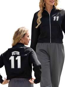 Custom Women's Short Jacket For Fall,Fall Clothes For Women,Winter Clothes For Women,Halloween Clothes Women,Flocked Print, Half-Zip Stand Collar. Casual Black Outerwear,Perfect For Going Out, Shopping, Holidays, Parties, Gatherings Or Travel.