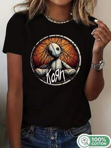 1PC 100% Cotton Korn Band Doll Graphic Print Stylish Women's Short Sleeve TShirt - Negro - Ver 1