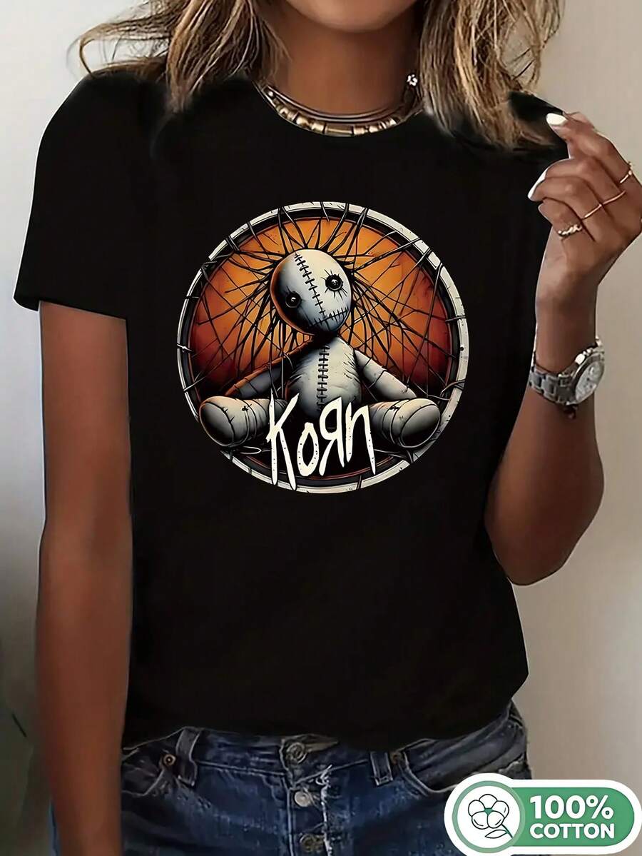 1PC 100% Cotton Korn Band Doll Graphic Print Stylish Women's Short Sleeve TShirt - Negro - Ver 1