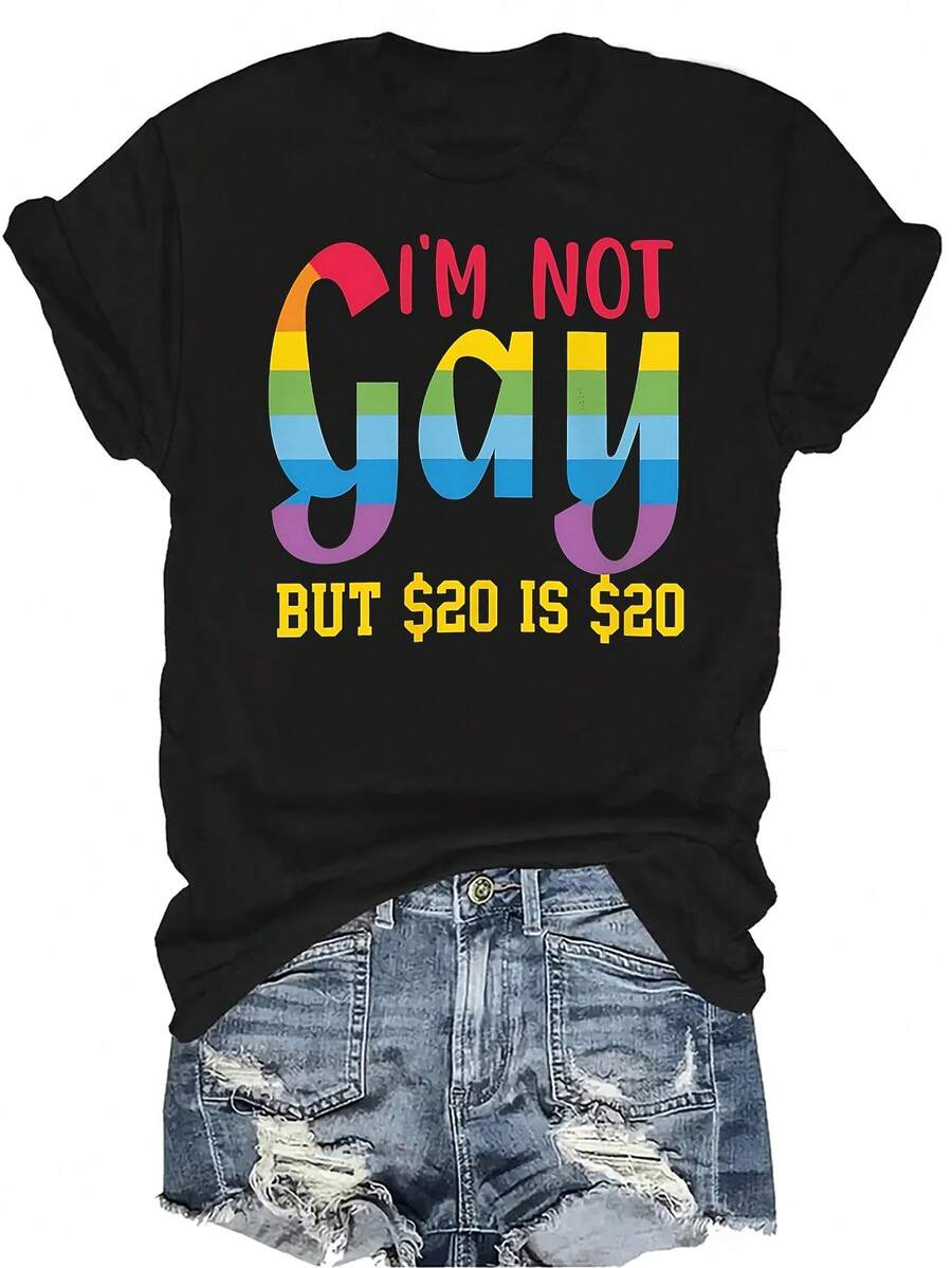 Camiseta "No soy gay, pero 20 es 20" para mujer y unisex, de verano, casual, transpirable, con personalidad, cuello redondo, manga corta, ropa de calle, versátil, adecuada para adolescentes y adultos - Negro - Ver 1