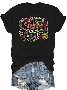 Camiseta con estampado de maestro de ciencias para mujer, unisex, de verano, casual, transpirable, de personalidad, de cuello redondo, de manga corta, de uso versátil, adecuada para adolescentes y adultos - Negro - Ver 1