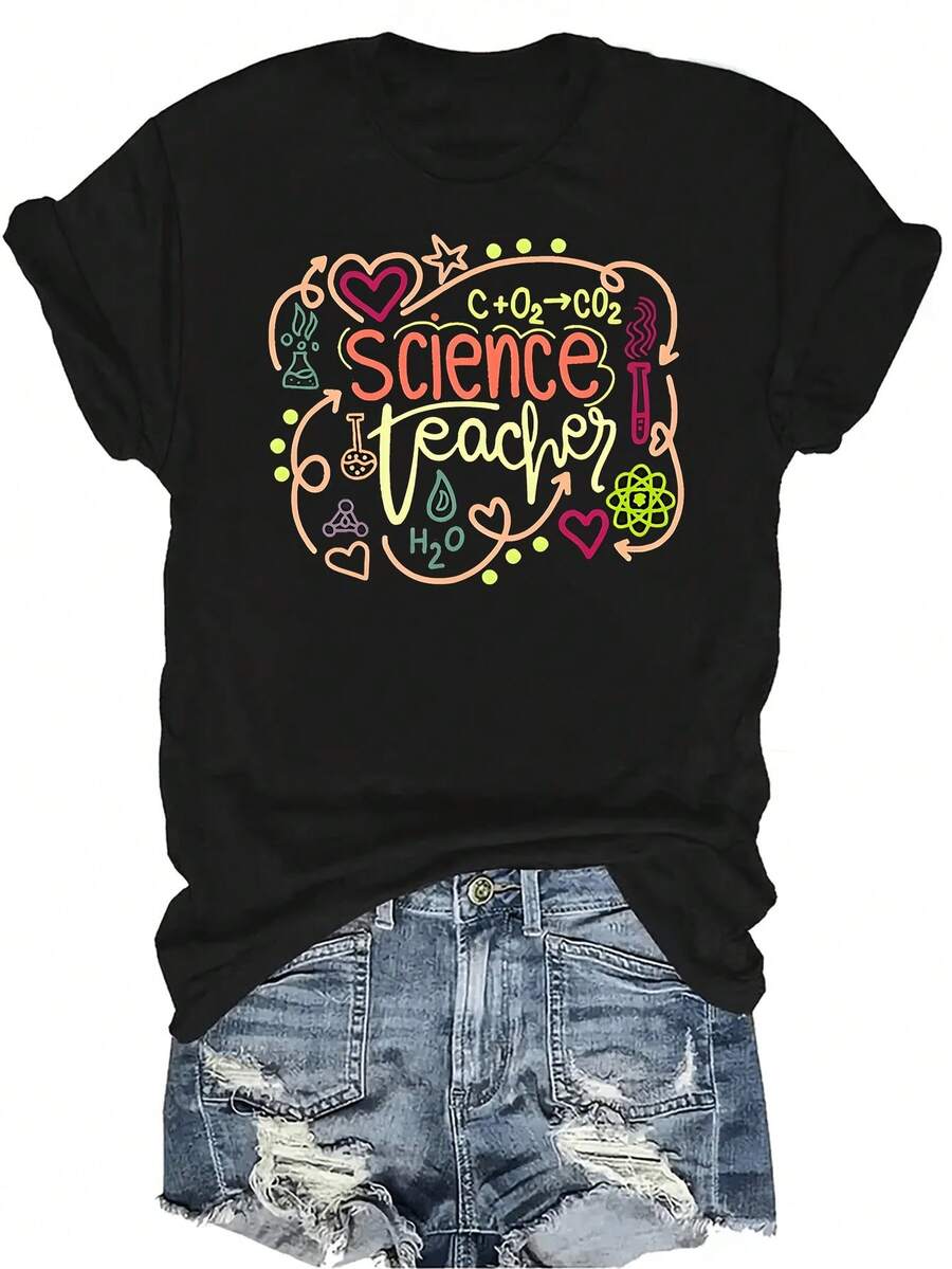 Camiseta con estampado de maestro de ciencias para mujer, unisex, de verano, casual, transpirable, de personalidad, de cuello redondo, de manga corta, de uso versátil, adecuada para adolescentes y adultos - Negro - Ver 1