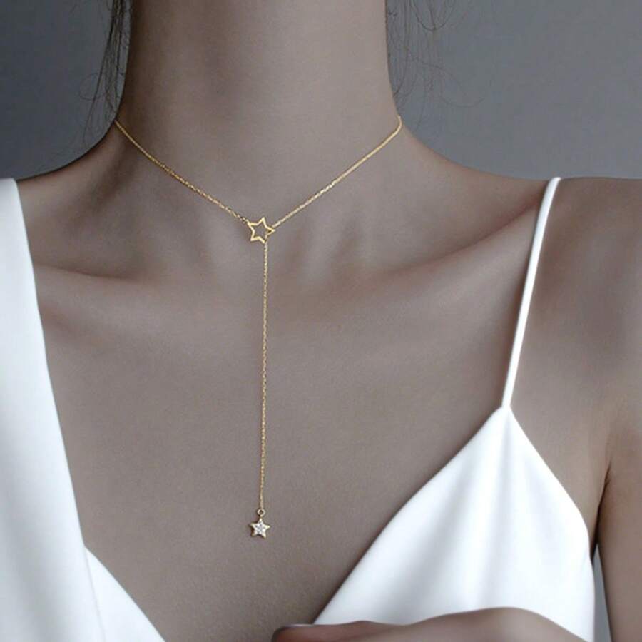 1 件简约 Y 形星形吊坠项链，银色，适合女性日常、约会、生日、婚礼、派对佩戴 - 銀色 - 查看 1