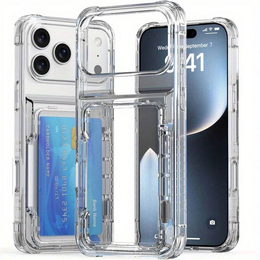 Flip Cover Card Holder Stand Phone Transparent Phone Case, Compatible With 17, 17Pro, 17Air, 17ProMax Case, 16, 16e, 16pro, 16promax Case, 16plus, 15, 15pro, 15promax, 15plus, 14, 14pro, 14promax, 14plus, 13, 13pro, 13promax, 12pro, 12, 12promax, 11, 11pro, 11promax Series, With Full-Body Double Protection. - Trong sáng - Xem 1