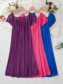 3-Pack Women's Lace Embroidered Satin Nightdress Collection: Made With Smooth Satin Fabric And Mesh Accent-Combining Elegant Design With Cozy Comfort For A Perfect Night's Sleep And Relaxing Lounging Sessions - Dark purple + rose red + royal blue - 查看 3
