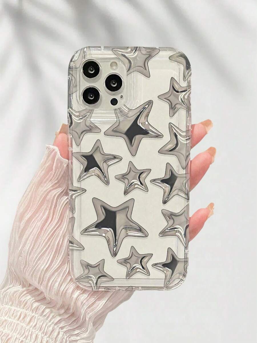 1pc Silver Star Print Airbag Transparent TPU Phone Case Compatible With IPhone 16 15 14 13 12 11 Pro Max 7 8 Plus SE2 SE3 XR X XS,International Version, Not The Domestic Version - Multicolor - View 1