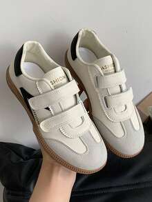 女士新款时尚休闲运动鞋，PU 拼接魔术贴运动鞋低帮系带平底跑步鞋 - 米色 - 查看 1