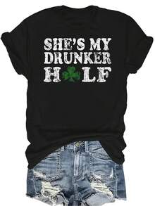 Ella es mi mitad talla grande borracha Camiseta del Día de San Patricio para parejas irlandesas Mujer Unisex Verano Casual Transpirable Personalidad Cuello redondo Manga corta Camiseta Ropa de calle Versátil Adecuado para adolescentes y adultos - Negro - Ver 1
