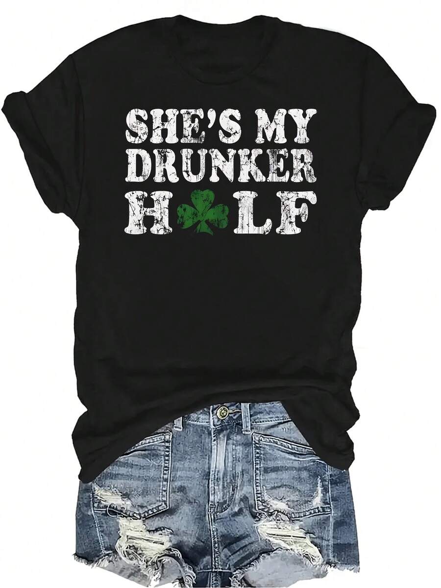 Ella es mi mitad talla grande borracha Camiseta del Día de San Patricio para parejas irlandesas Mujer Unisex Verano Casual Transpirable Personalidad Cuello redondo Manga corta Camiseta Ropa de calle Versátil Adecuado para adolescentes y adultos - Negro - Ver 1