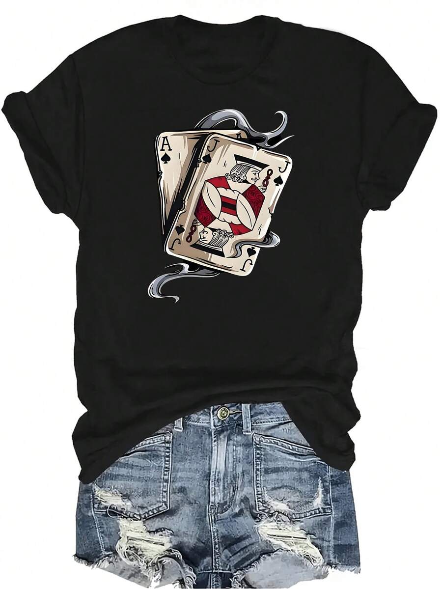 Camiseta con patrones interesantes para mujer y unisex, de verano, casual, transpirable, con cuello redondo, manga corta, estilo urbano y versátil, adecuada para adolescentes y adultos - Negro - Ver 1