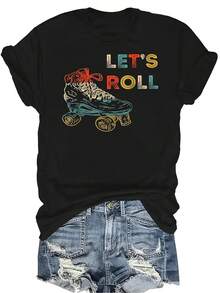 Camiseta vintage de patinaje sobre ruedas "Let's Roll" de estilo retro de los años 70 y 80 para mujeres y unisex, de verano, casual, transpirable, de cuello redondo, de manga corta, de estilo callejero y versátil, adecuada para adolescentes y adultos - Negro - Ver 1